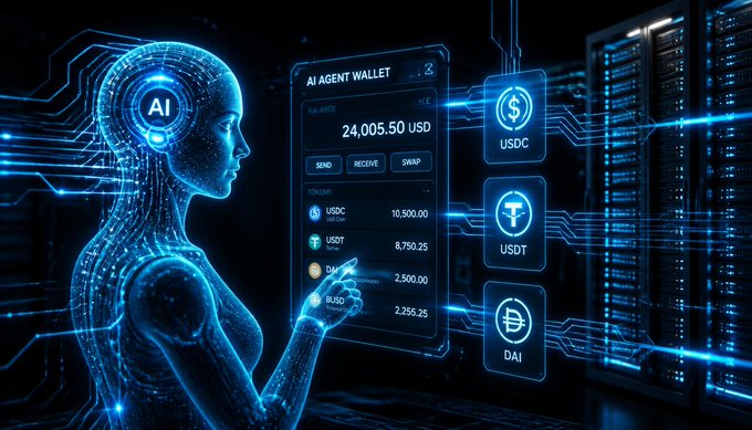A sci-fi illustration of a glowing blue humanoid robot interacting with a holographic "AI AGENT WALLET" interface displaying a balance of "24,005.50 USD" along with tokens like USDC, USDT, and DAI.