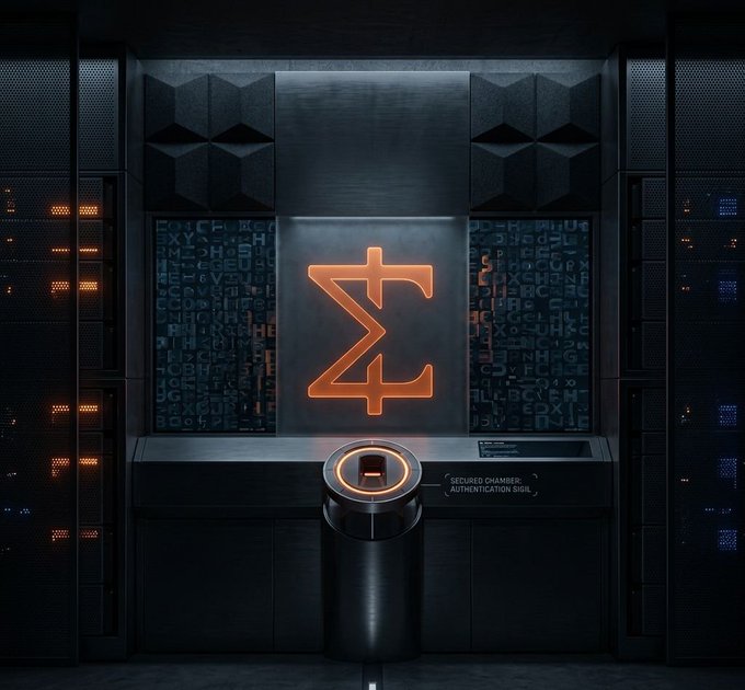 A dark, industrial sci-fi room featuring a large, glowing orange Zcash (ZEC) cryptocurrency symbol mounted on a metallic wall covered in faint alphanumeric characters, with a cylindrical device in the foreground labeled 'SECURED CHAMBER AUTHENTICATION SIGIL.'