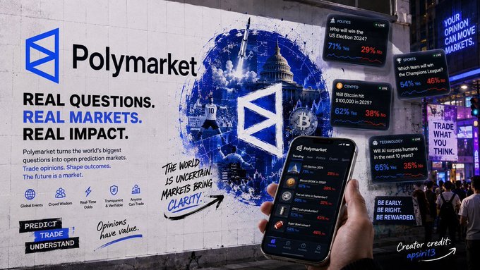 A street-level billboard mockup for the prediction platform 'Polymarket', displaying the slogan 'REAL QUESTIONS. REAL MARKETS. REAL IMPACT.' alongside various prediction odds for elections, Bitcoin, and AI, with creator credit to 'apsiri3'.