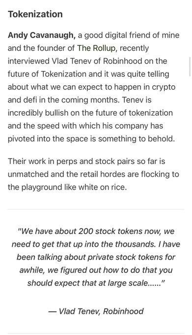 A blog article titled "Tokenization" featuring Andy Cavanaugh's commentary on Vlad Tenev (Robinhood CEO)'s bullish predictions for tokenization, including a quote about expanding from 200 stock tokens to thousands and plans for private stock tokens at scale.