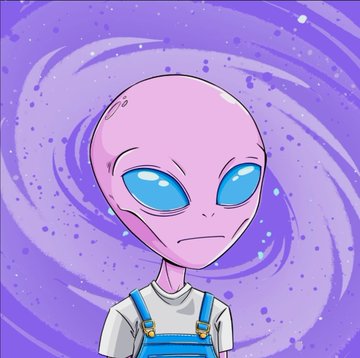 A cartoon illustration of a pink alien character with large blue eyes wearing blue overalls, set against a swirling purple galaxy background.