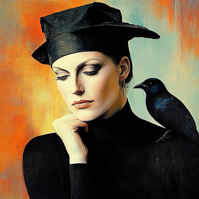 A contemplative woman in a black hat and turtleneck rests her chin on her hand, accompanied by a black starling perched on her shoulder, against a vibrant orange and teal painted background. The image aligns with the post's reference to "The Lady with the Starling," sharing the same signature subject of a poised woman with her dark bird companion, evoking the artwork shared in a warm Friday greeting.