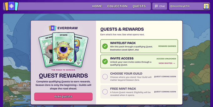 A screenshot of the Everdraw Quests & Rewards page displaying "THE ROAD TO GENESIS" with three available quests: "WHITELIST PACK" (Reward Earned), "INVITE ACCESS" (Access Unlocked), and upcoming quests to choose a guild and earn a free mint pack. The interface encourages users to "PLAY QUESTS" to complete qualifying quests for rewards, aligning with the post's instructions for earning a whitelist spot in Everdraw Season Zero.