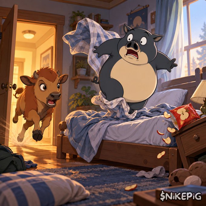 A cartoon illustration of a panicked black animal with its mouth wide open jumping on a bed, while a brown cow-like creature charges through a doorway.