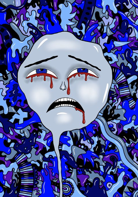 A surreal, stylized digital illustration of a melting, gray face crying red blood-like tears against a chaotic blue and purple patterned background.