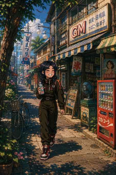 An anime-style illustration depicts a smiling girl with dark hair in braids walking down a Japanese-style street lined with shops, vending machines, and signs with Japanese text.