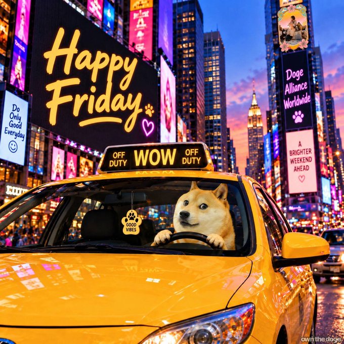 A vibrant cityscape at night, likely Times Square, featuring a Shiba Inu dog driving a yellow taxi with 'WOW OFF DUTY' on its sign, alongside billboards reading 'Happy Friday', 'Do Only Good Everyday', and 'Doge Alliance Worldwide'.