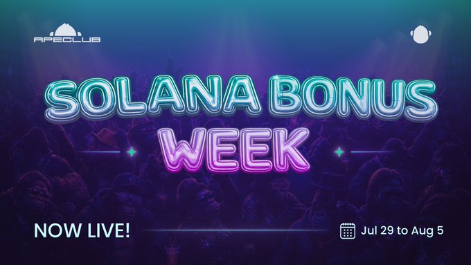 A neon-style promotional banner for "APE CLUB" announcing "SOLANA BONUS WEEK" from July 29 to August 5, set against a purple concert background.