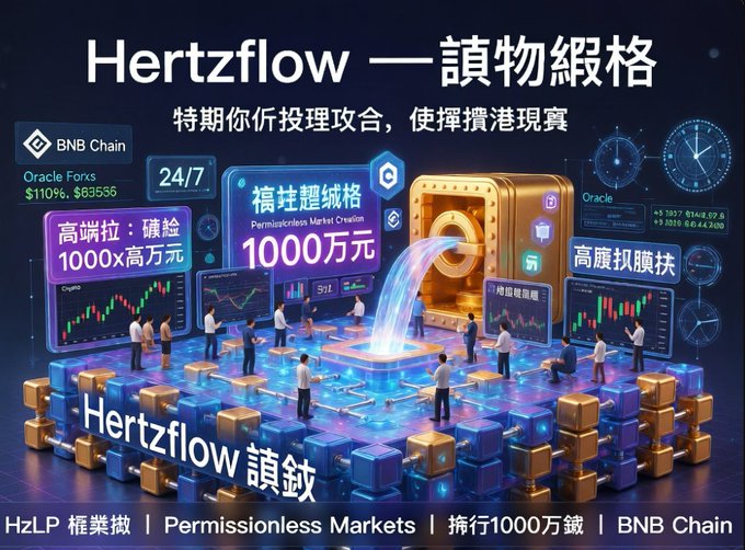 A Chinese-language promotional graphic for 'Hertzflow — 讎物級格' (Permissionless Market Creation), built on BNB Chain, advertising 1000万 (10 million) in liquidity and high leverage, with 'HzLP 樞業撒 | Permissionless Markets | 擁行1000万錢'.
