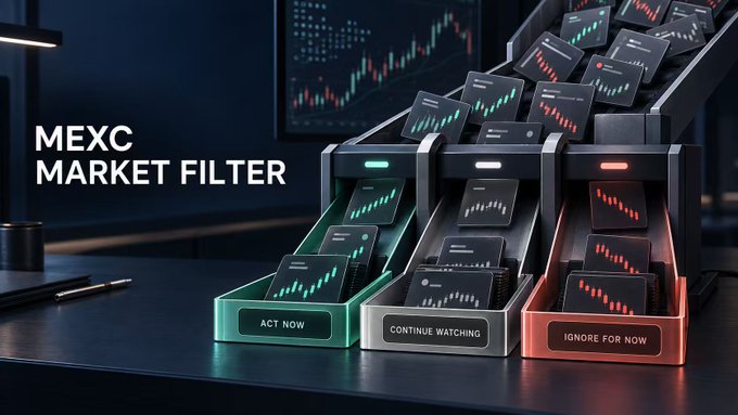 A promotional image for 'MEXC MARKET FILTER' showing a stylized filing system with three bins labeled 'ACT NOW', 'CONTINUE WATCHING', and 'IGNORE FOR NOW' containing stock chart cards.