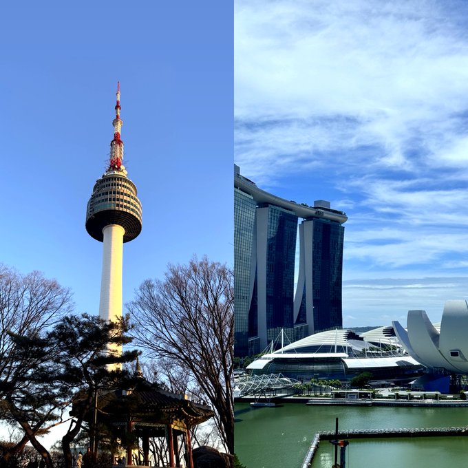 A split image showing, on the left, the N Seoul Tower (Namsan Tower) in South Korea against a blue sky, and on the right, the Marina Bay Sands complex in Singapore featuring its iconic three-towered hotel and ArtScience Museum under a cloudy sky.
