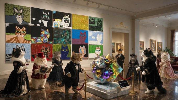 A whimsical, AI-generated scene of an art gallery where anthropomorphic cats in formal Victorian attire admire a colorful, crystalline sculpture surrounded by cat-themed paintings on the walls.