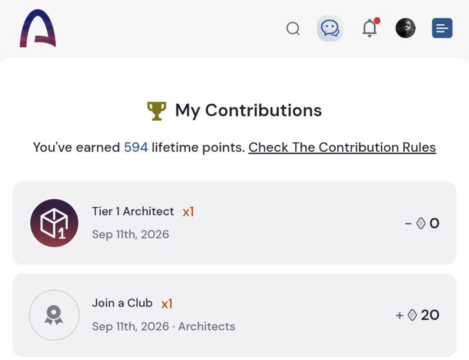 A screenshot of a "My Contributions" page showing 594 lifetime points earned, with achievements for "Tier 1 Architect" and "Join a Club" (Architects) both dated Sep 11th, 2026.