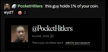 Social media post by PocketHitlers (@PocketHitlers) stating 'this guy holds 1% of your coin' with a photo of a person, noting wallet address '6xe545...3zfe' and '1550 holders'.