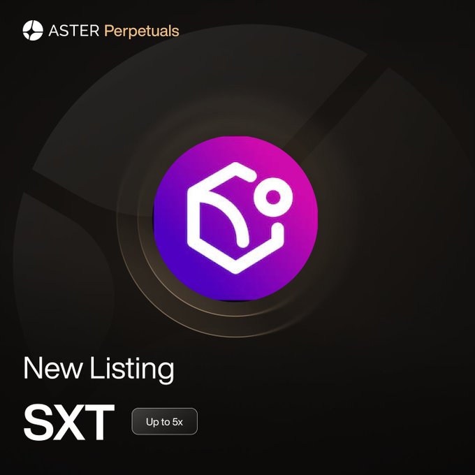 Promotional graphic for Aster Perpetuals announcing a new listing of SXT with up to 5x leverage, featuring the platform's purple and white hexagonal logo against a dark background, with "ASTER Perpetuals," "New Listing," "SXT," and "Up to 5x" prominently displayed.