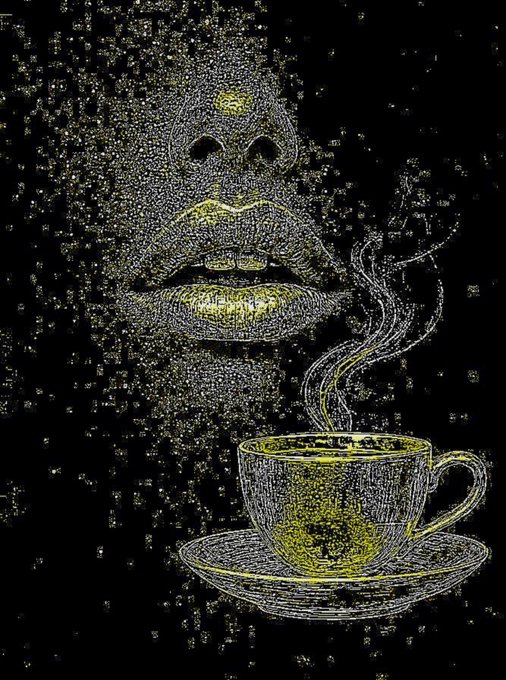 A stylized yellow and white pointillist illustration of a face sipping from a steaming cup of coffee against a black background.