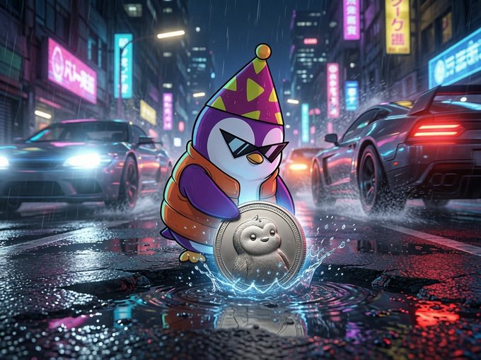 A vibrant digital illustration of a purple penguin wearing a party hat and sunglasses, holding a coin with its image on it, standing in a rainy neon-lit cyberpunk street with cars.