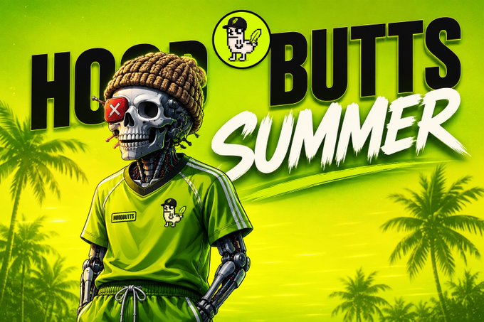 The image is a vibrant promotional graphic featuring a skeletal robot character wearing a neon green tracksuit and beanie, set against a tropical palm tree backdrop with bold text reading "HOODBUTTS SUMMER." It visually reinforces the post's playful branding for the meme token while teasing crypto influencer @crypto_czar_eth, with the contract address 0xac01Bda4Be7cbdb8ec46abF2abf5f6CDB29617AF displayed alongside.