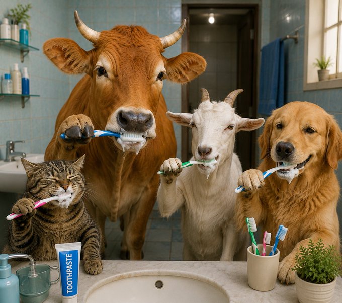 The image features a cat sitting next to a sink with toothpaste on its face, while two dogs are brushing their teeth using toothbrushes. The caption of the image reads "GM Fren Happy Friday, it's busy day Keep boost @XOOBNetwork @useTria @River4fun & climb the leaderboard! What'S your rank?".