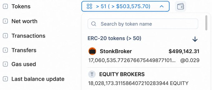 A wallet holding 17,060,535.77 $STONKBROKER tokens (valued at $499,142.31) also holds 18,028,173.31 $EQUITY tokens from Equity Brokers, illustrating the accumulation activity highlighted in the post about a top STONKBROKER holder building a position in Equity Brokers' new token on Robinhood Chain.