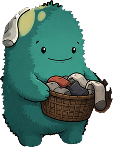 An illustrated teal, furry creature with a green-tinted visor on its head holds a wicker basket filled with clothes.