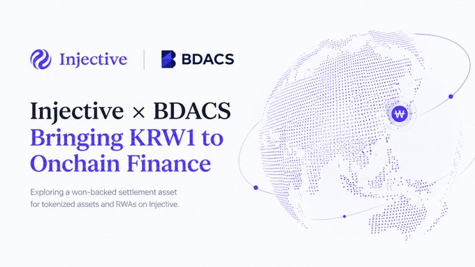 A promotional graphic for “Injective × BDACS” reads “Bringing KRW1 to Onchain Finance” and “Exploring a won-backed settlement asset for tokenized assets and RWAs on Injective.”