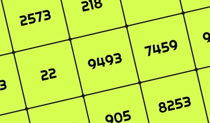 The image displays a grid of lime-green numbered tiles with values like 2573, 218, 9493, 7459, 22, 8253, and 905, visually teasing the mystery number each person will mint for the "MINT IS LIVE" NFT drop referenced in the post.