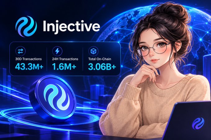 A promotional graphic for 'Injective' cryptocurrency featuring an anime-style woman with glasses, displaying statistics: 43.3M+ 30D Transactions, 1.6M+ 24H Transactions, and 3.06B+ Total On-Chain.