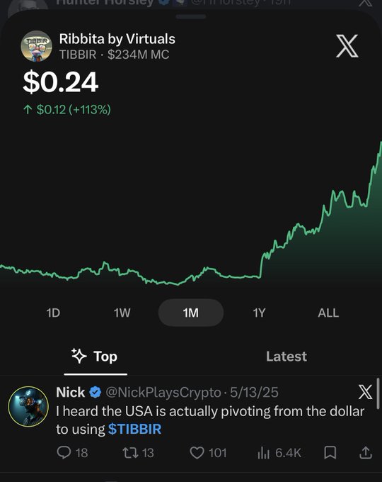 A screenshot of the $TIBBIR (Ribbita by Virtuals) token chart showing a price of $0.24, up 113% (+$0.12) over the past month, with a market cap of $234M. The image pairs with the caption by highlighting TIBBIR's strong upward price performance, illustrating the kind of impressive gains that often rally a dedicated community of holders.
