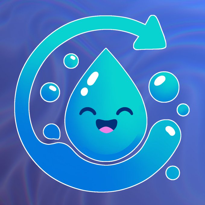 A cartoon illustration of a smiling blue water droplet surrounded by bubbles and a circular arrow against a blue marbled background.