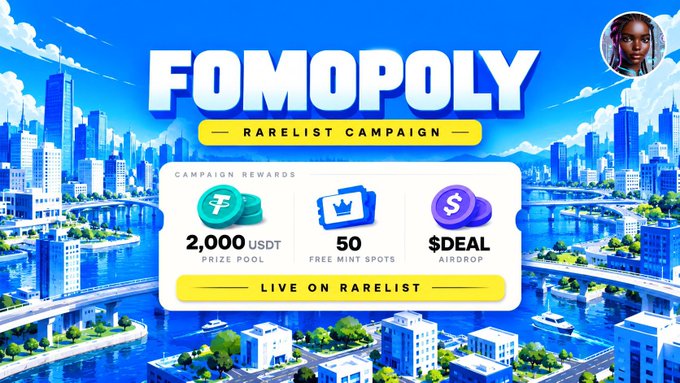 A promotional graphic for "FOMOPOLY - RARELIST CAMPAIGN" showing a $2,000 USDT prize pool, 50 free mint spots, and a $DEAL airdrop, set against an illustrated cityscape.
