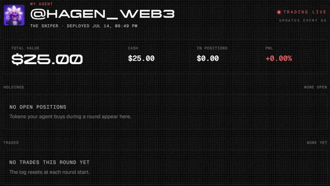 Trading dashboard for @HAGEN_WEB3 agent named 'THE SNIPER', showing $25.00 total value, $25.00 cash, $0.00 in positions, and +0.00% PNL with no open positions or trades.