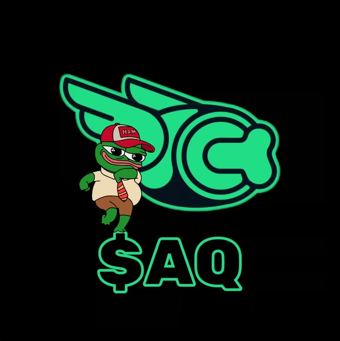 The image features a green Pepe the Frog mascot wearing a red "HAM" cap and tie, posing in front of a stylized green winged "$AQ" logo on a black background. The "$AQ" ticker and Pepe's confident pose relate to the post's theme of patience and waiting for a project founder's next move, suggesting an ongoing anticipation within the $AQ community.