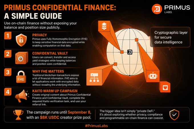 An infographic titled 'PRIMUS CONFIDENTIAL FINANCE: A SIMPLE GUIDE' outlining four points about privacy, confidential vaults, FHE matters, and a Kaito warm-up campaign.