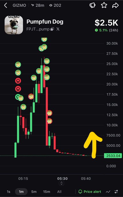 A cryptocurrency price chart on a mobile app showing 'Pumpfun Dog' with a market cap of $2.5K, up 5.1% in 24h, with a yellow hand-drawn arrow pointing upward at a price level of 2533.04.