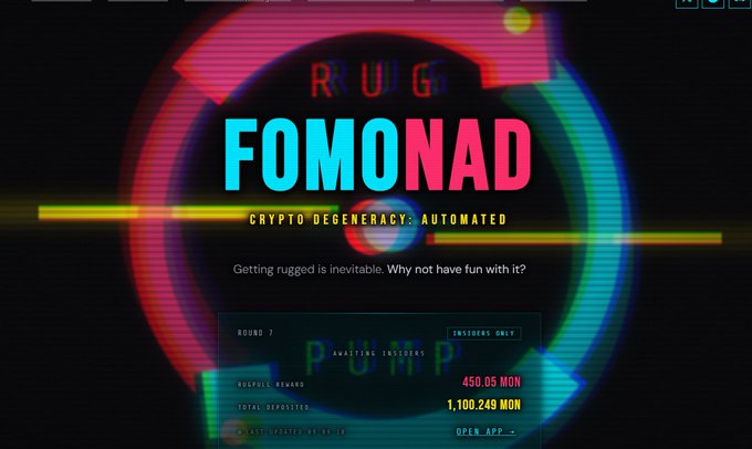 A vibrant neon-styled promotional graphic for "FOMONAD" (Crypto Degeneracy: Automated) featuring glitchy cyan, pink, and yellow text that reads "Getting rugged is inevitable. Why not have fun with it?" and displays a Round 7 dashboard showing 450.05 MON in rugpull reward, 1,100,249 MON in total deposits, and an "OPEN APP" button. The image supports the giveaway post promoting the foMON token, highlighting its function as an ERC-20 that grants Series A access and protocol fee dividends.