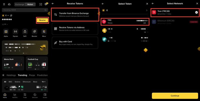 A four-step tutorial showing how to receive TRX tokens via the Binance wallet, highlighting the "Receive" button, selecting TRX, and choosing the Tron (TRC20) network before clicking "Continue"—illustrating the wallet setup process relevant to participating in JustLend DAO's $4.5 million rewards campaign on the TRON network.