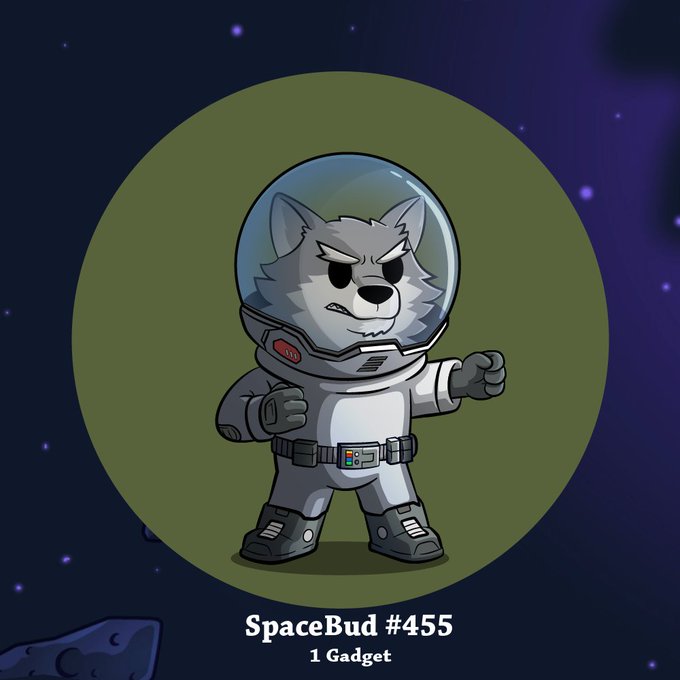 A cartoon illustration depicts an anthropomorphic wolf wearing a space suit and helmet, labeled 'SpaceBud #455' and '1 Gadget' against a starry space background.