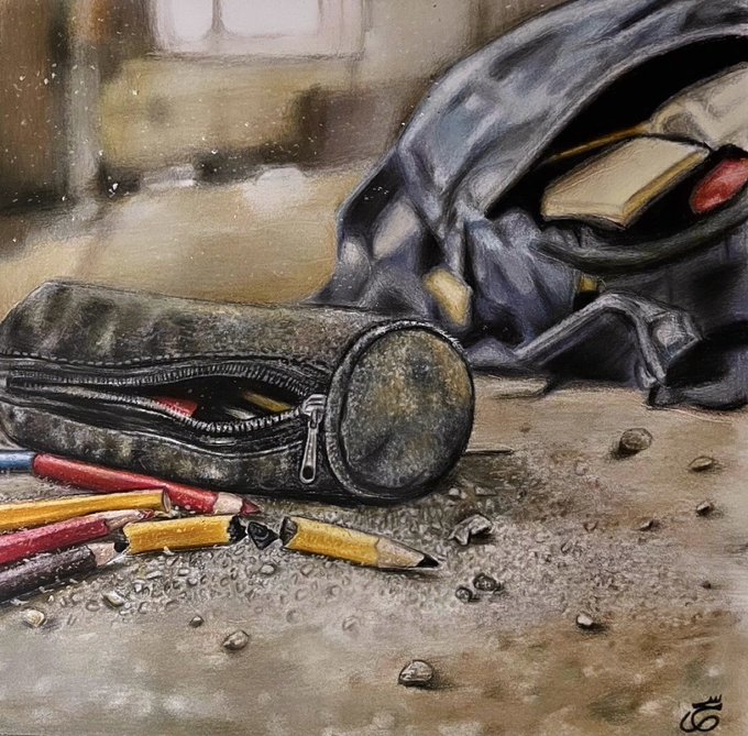 A realistic painting of a worn pencil case with a partially unzipped top, spilling colored pencils and pencil shavings onto a dusty surface, with a jacket and other supplies blurred in the background.