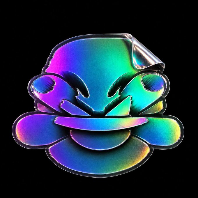 A stylized frog head rendered in a holographic, iridescent finish with shifting rainbow colors against a black background, featuring a peeking tab at the top and overlaying petal-like shapes below.