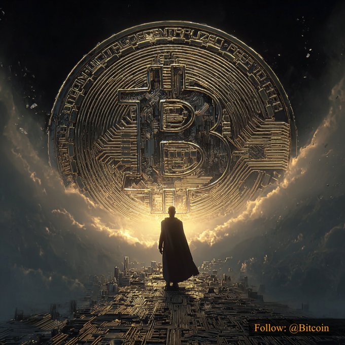 A hooded figure stands before a massive golden Bitcoin emblem glowing against a stormy sky, mirroring the post's bullish "$78,420.04 #Bitcoin" price milestone with an epic, monumental depiction of crypto's ascent. The watermark reads "Follow: @Bitcoin."