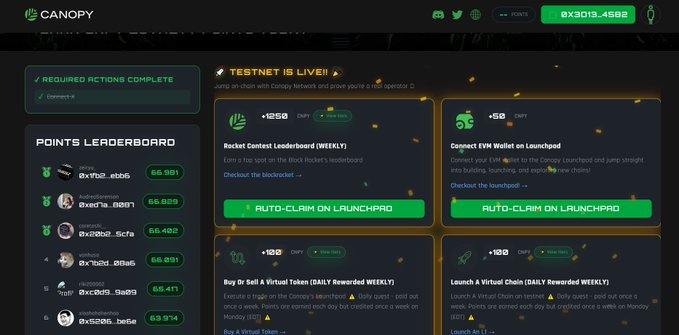 A screenshot of the Canopy Network dashboard showing a testnet leaderboard, points leaderboard, and tasks to earn points by interacting with Rocket, EVM Wallet, and Virtual Tokens.