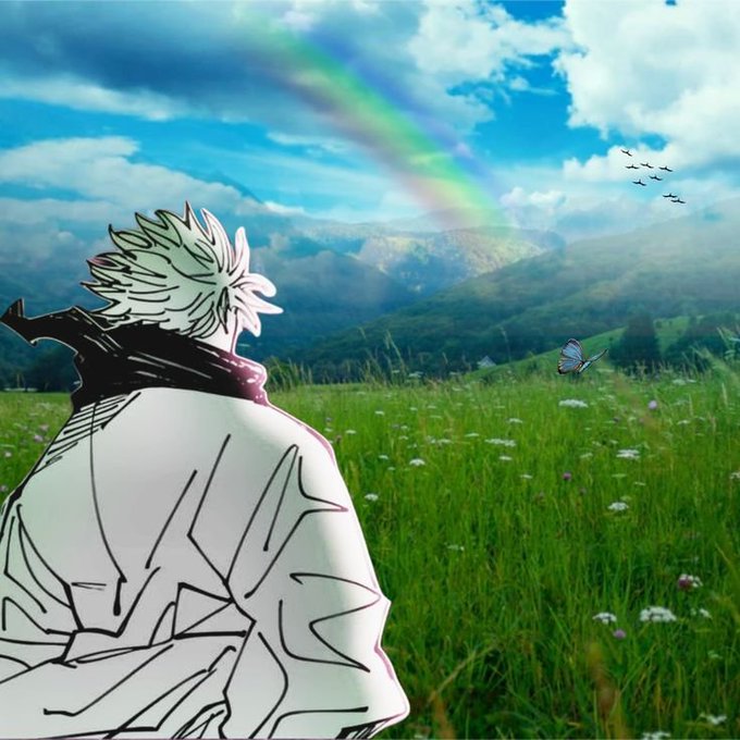 An anime-style illustration of a character with white spiky hair looking out over a green grassy landscape with mountains, a rainbow, birds, and a butterfly in the background.