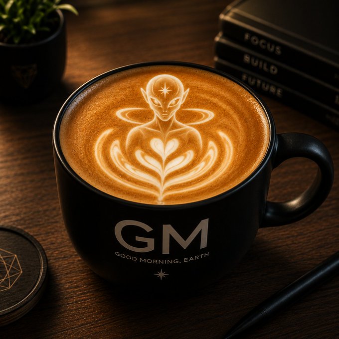 A black mug labeled "GM - GOOD MORNING, EARTH" containing a latte with intricate latte art depicting a meditating, elf-like figure, set on a wooden surface next to books titled "FOCUS" and "BUILD."