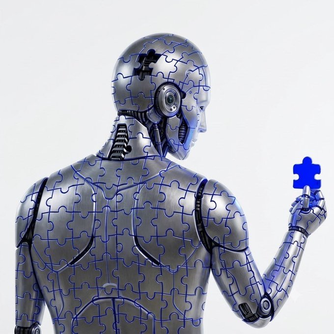 A silver robotic figure made of puzzle pieces with blue outlines, holding a blue puzzle piece shaped like a cross symbol.