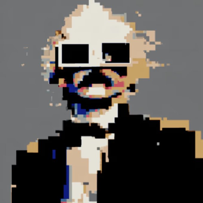 A highly pixelated image of a white-haired character wearing dark sunglasses and a dark suit, possibly a digital art piece or icon.