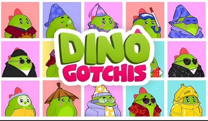 Colorful promotional banner for 'DINO GOTCHIS' showing various green cartoon dinosaur characters in different outfits and accessories.