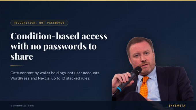 A presentation slide titled 'Condition-based access with no passwords to share' features a photo of a man in a suit holding a microphone on the right, with text explaining 'Gate content by wallet holdings, not user accounts' and the SkyMeta logo.