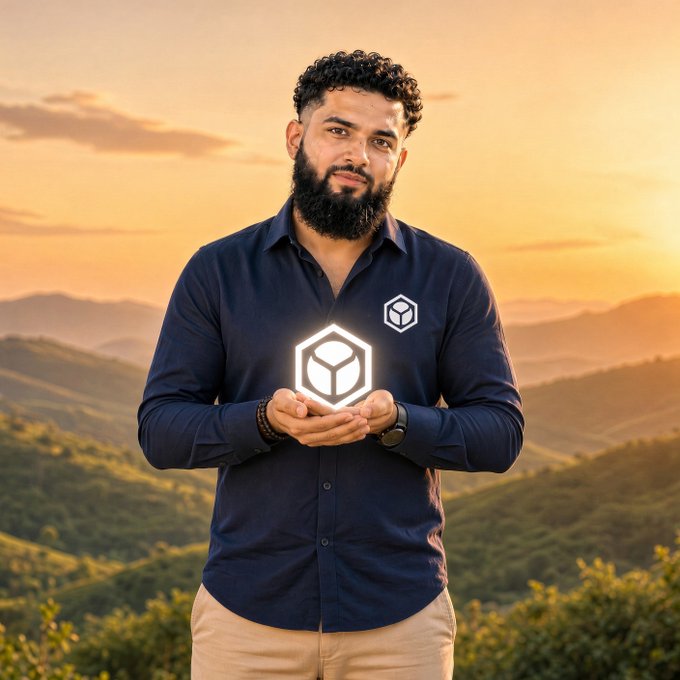 A bearded man in a navy blue shirt stands against a sunset mountain landscape, holding a glowing white hexagonal cube logo in his cupped hands, with a matching small logo on his chest.