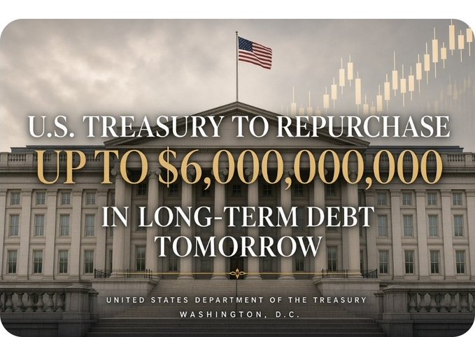 A graphic featuring the U.S. Treasury building in Washington, D.C. under a cloudy sky, with overlaid text announcing the repurchase of 'UP TO $6,000,000,000 IN LONG-TERM DEBT TOMORROW'.